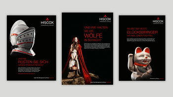 3 Hiscox-Print-Anzeigen: Ritterhelm, Rotkäppchen, Winkekatze