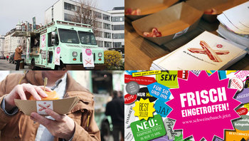 Collage: Food-Truck, Semmel mit Schweinebauch, Give-aways