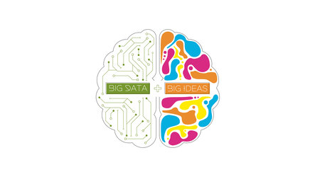 Grafik Gehirn: rechte Seite mit bunten Farben, linke Seiten mit untereinander verbundenen Punkten