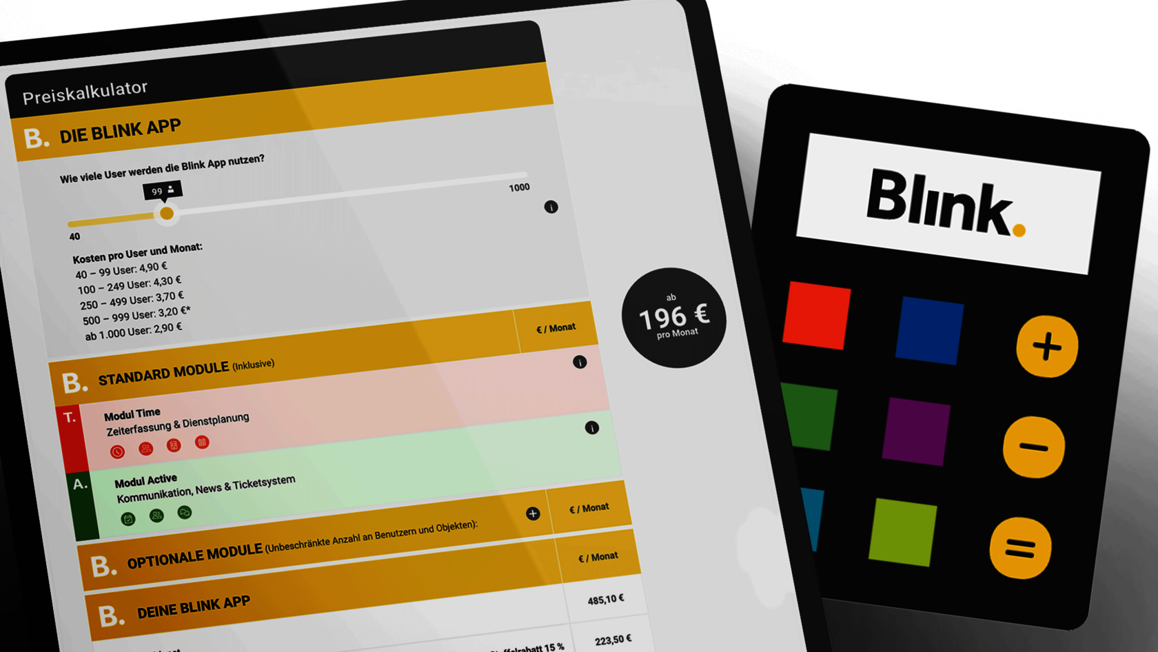 BLI - Preiskalkulator App mit stilisierten Taschenrechner