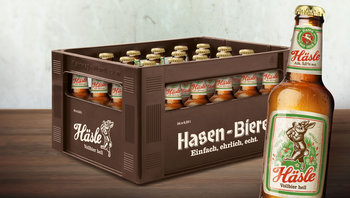 Bierkasten und Flasche Hasen-Biere: Häsle Vollbier hell