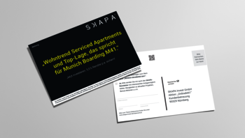 [Translate to EN:] Aufmerksamkeitsstarke Reponsekarte des PrintMailings für das SKAPA InvestProjekt M41 in München