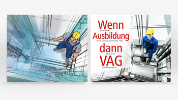 Motiv VAG Azubi im Aufzugsschacht als Scribble und als umgesetztes Photo