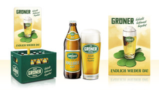 Grüner-Werbung im Retro-Design: Bierkasten, Bierflasche und Glas, Poster