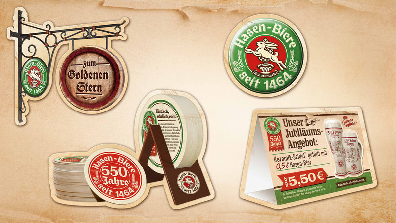 Hasen-Bräu: 550-Jahre Gastrowerbung, Tischaufsteller, Bierfilze, Wirtshausschild