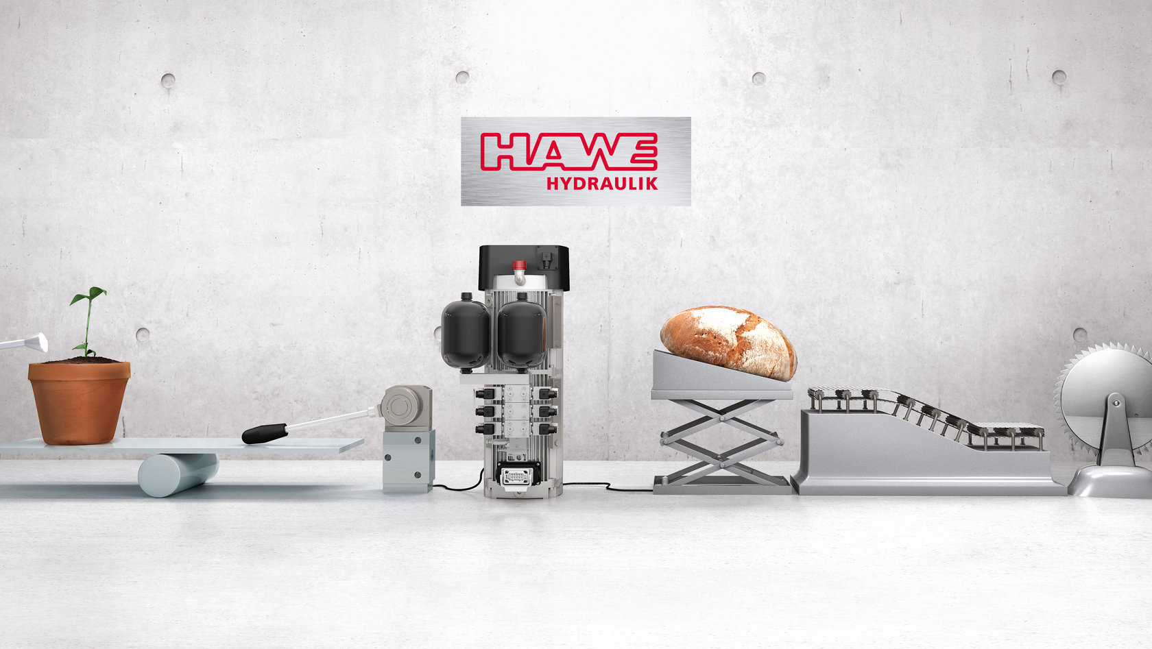 HAWE: 2 Goldbergmaschinen mit Kaffeepflanze und -maschine, Brot und Schneideblatt