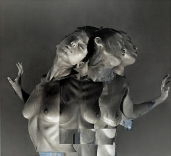 Francisco Bosoletti: Bild Fragile, 3 nackte Frauen in Negativ gemalt, positive Ansicht, Schwarz-Weiß