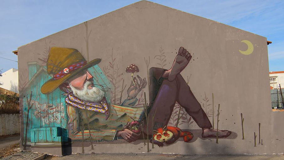 Mural von Street-Art-Künstler Mr Woodland: liegender Farmer