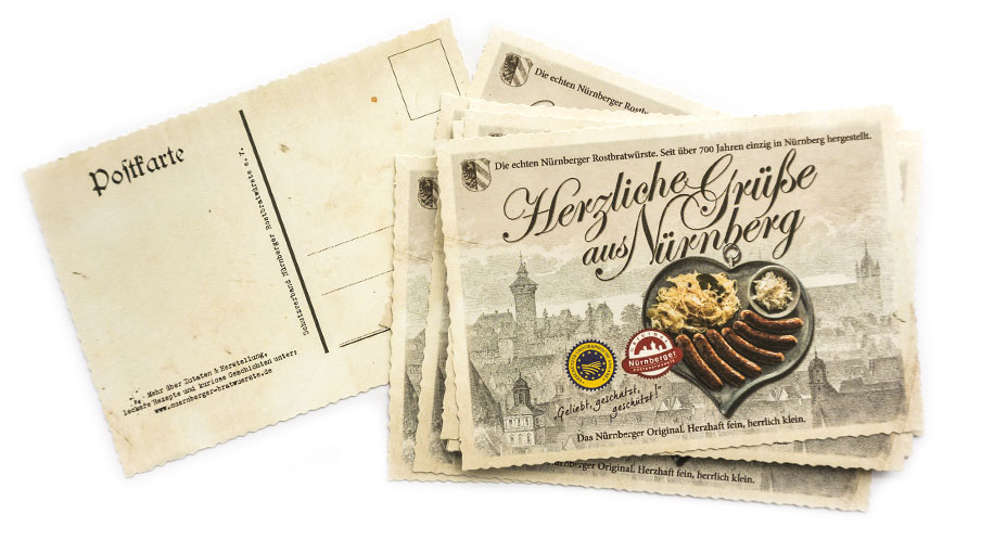 Nostalgiepostkarte für Nürnberger Rostbratwürste 
