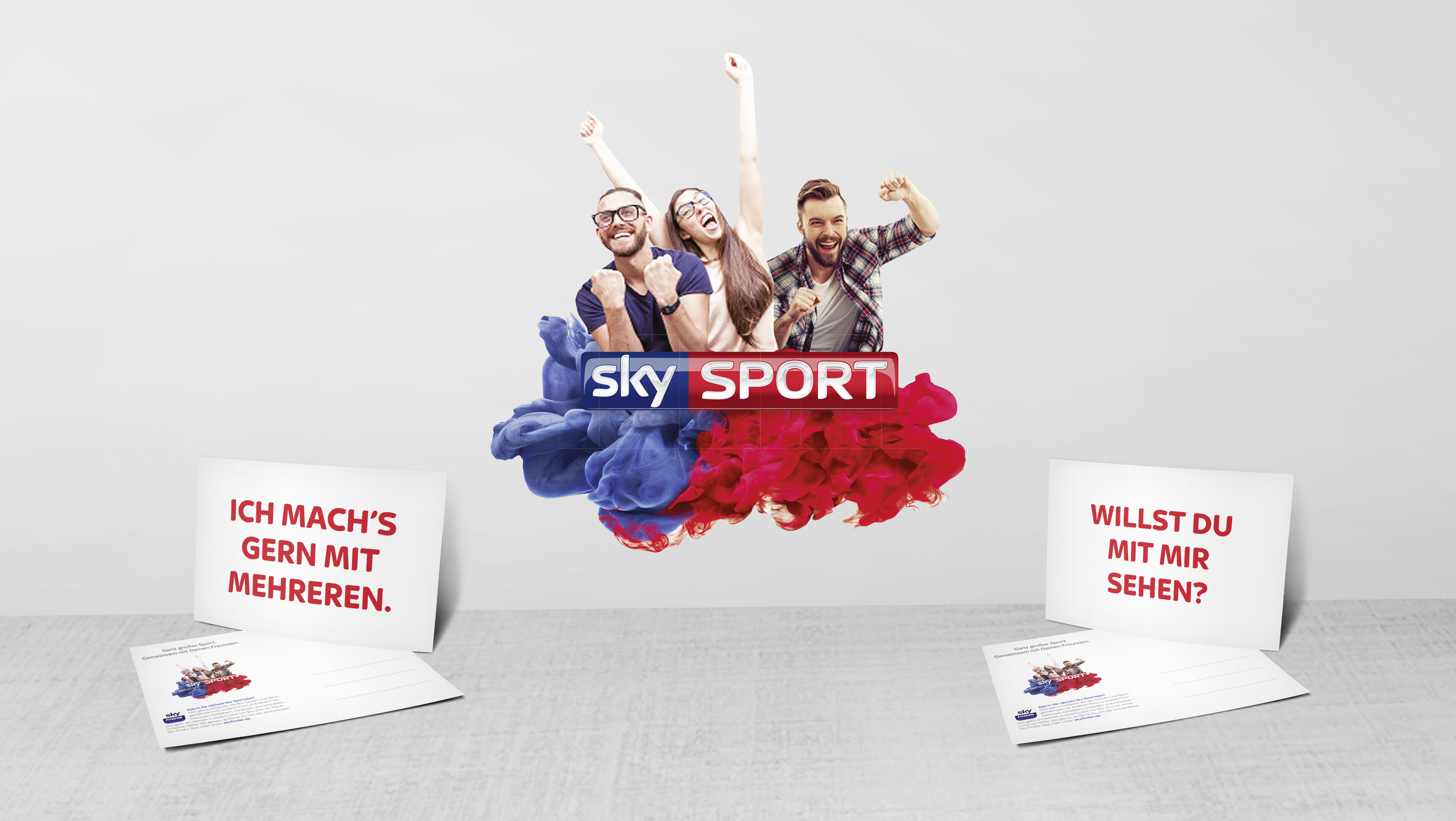 Sky Sport Werbekampagne: Motiv mit jubelnden Fans und Edgar Cards